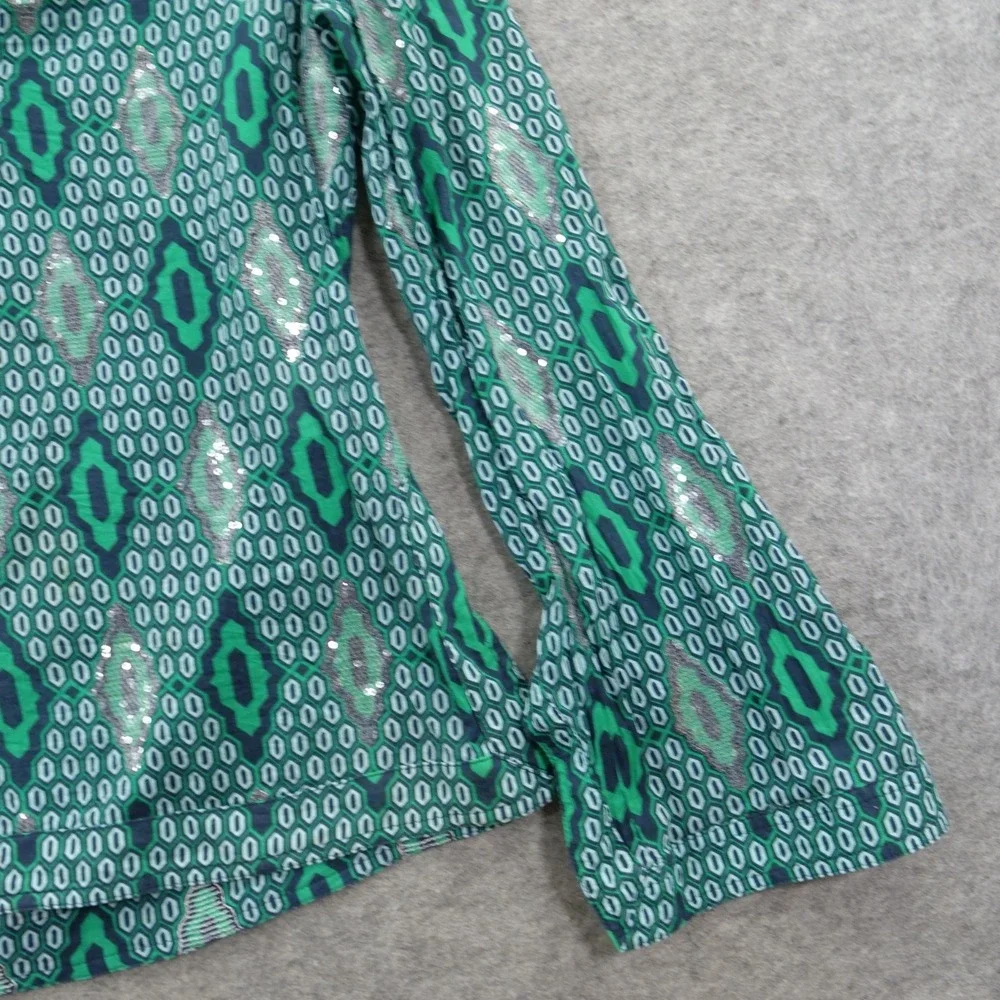 Tory Burch Tunic Top Womens 4 Green Geometric Sequin Embellished Flute Sleeve